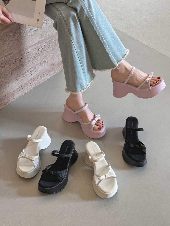 Giày đế dày nơ , giày ngoài mỏng mùa hè, dép nêm và dép lê, giày tăng chiều cao với váy và già