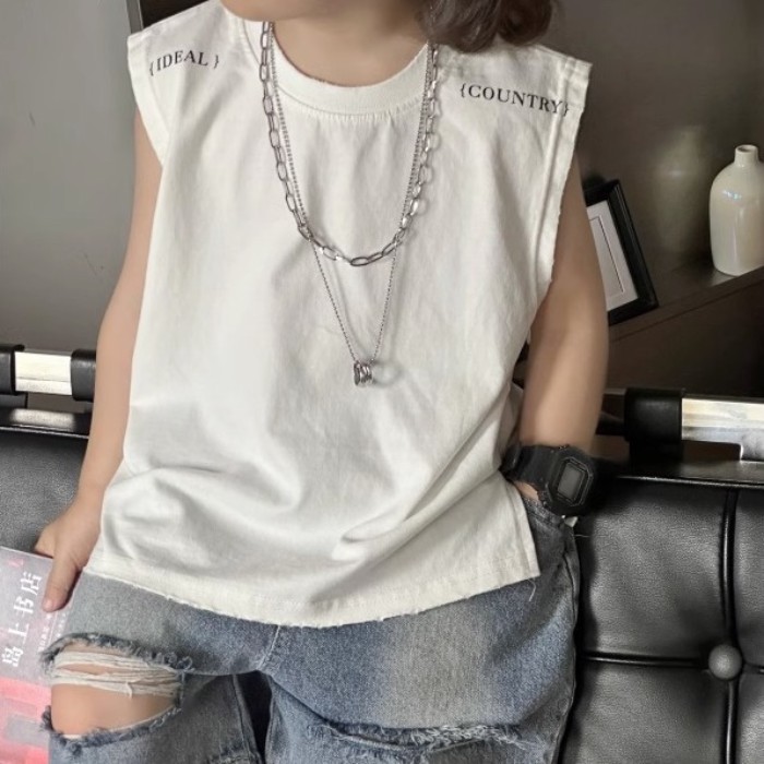 Áo thun trắng bé trai phong cách Hàn Quốc phong cách mùa hè áo không tay trẻ em chữ cái đơn giản