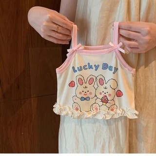 Bộ hai mảnh quần short treo dễ thương mùa hè cho bé gái áo vest hoạt hình trẻ em