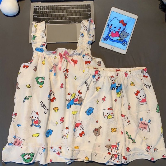 Trẻ em Hoạt Hình Dễ Thương Hello Kitty Suspender Quần Short Bộ Đồ Ngủ Mùa Hè Nữ Nhật Bản Mặc