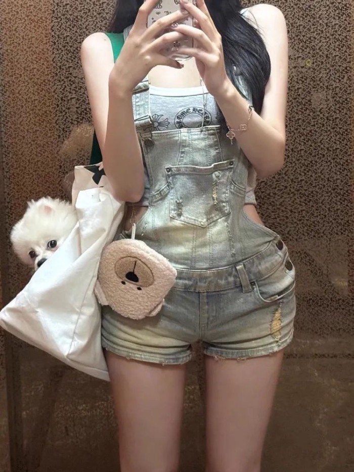 Quần short có dây đeo denim phong cách retro của Mỹ thiết kế dành cho nữ quần một mảnh rách