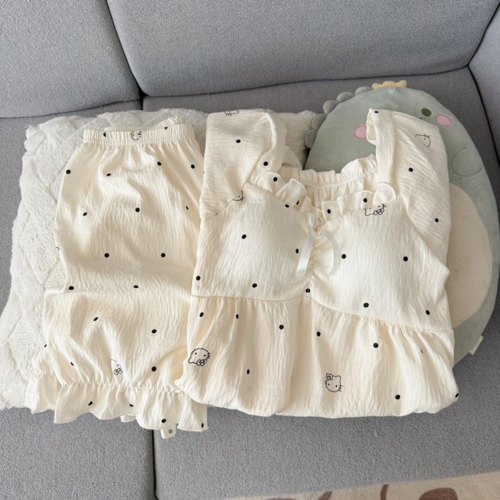 Bộ đồ ngủ mèo KT cotton mềm mại mùa hè chấm bi dành cho nữ có miếng đệm ngực, tay ngắn, phần mỏng,