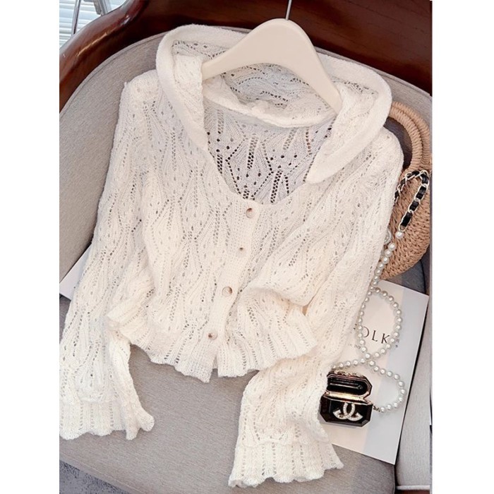 Mới ngắn phong cách có mũ trùm đầu mùa hè dài tay chống nắng mỏng rỗng dệt kim áo cardigan dệ