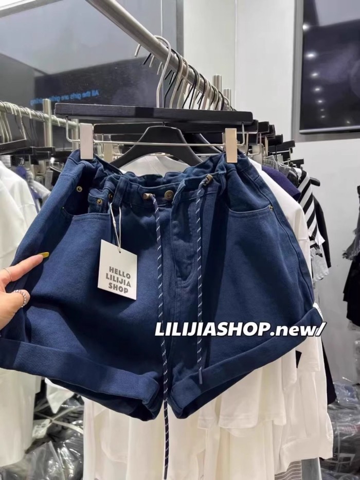 Quần ống rộng denim lưng cao co giãn đa năng cho quần short nữ