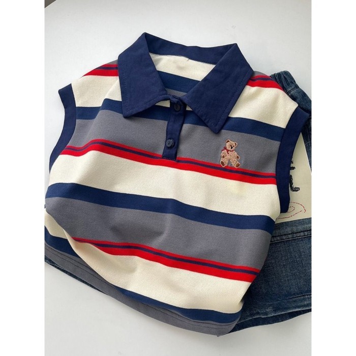 Áo vest polo trẻ em mới, thiết kế thêu gấu, áo thun không tay sọc cho bé trai và bé gái