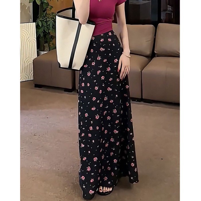Mùa Hè Phong Cách Mới Họa Tiết Hoa Màu Đen Thanh Lịch Co Giãn Cao Cấp Váy Dài Nữ dáng Ôm Váy Chữ