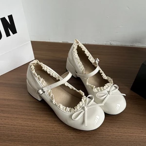 Giày cao gót đế dày màu bạc Pháp nữ ren Mary Jane Giày da nhỏ