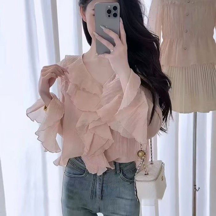 Áo sơ mi nhún bèo hồng nhẹ nhàng độc đáo tay dài Áo sơ mi voan ngọt ngào kiểu Pháp mặc bên ng