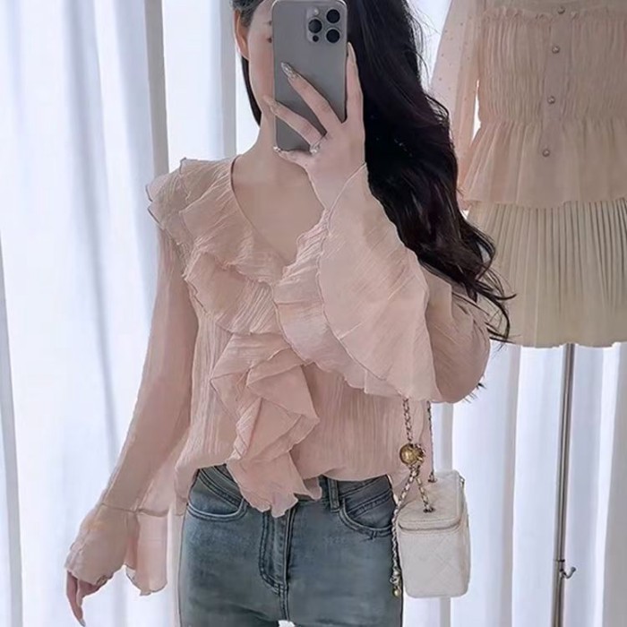 Áo sơ mi nhún bèo hồng nhẹ nhàng độc đáo tay dài Áo sơ mi voan ngọt ngào kiểu Pháp mặc bên ng