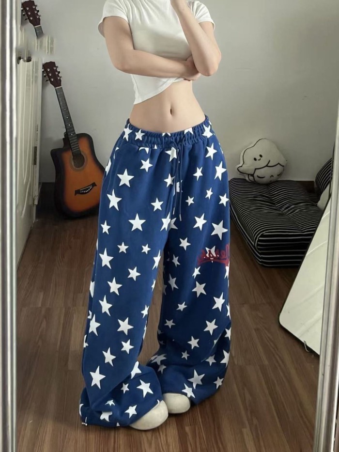 Retro American Style Lazy Star Printed Casual Pants For Women Summer New Loose Slimming High