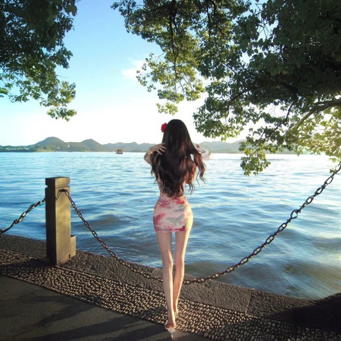 Little Girl Pink Printed Suspender Dress Seaside Vacation Waist Slimming Sexy Hip-hugging Sho