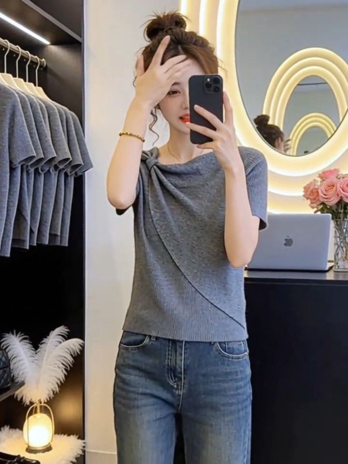 Áo thun dệt kim tay ngắn dáng rộng sang trọng thời trang mùa hè dành cho nữ