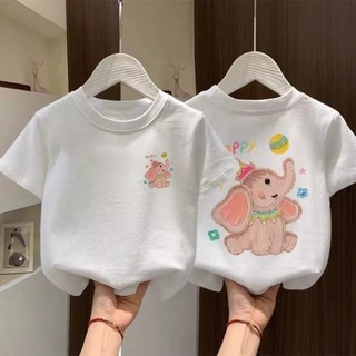 Áo thun cotton ngắn tay mùa hè hoạt hình hình con voi cho bé trai và bé gái với áo nửa tay rộn