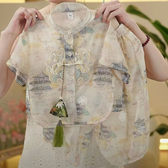 Hanfu Trung Quốc Trẻ Em Bé Trai Áo Đường Mỏng Mới Thêu Nút Cài Áo Trên Phong Cách Trung Hoa