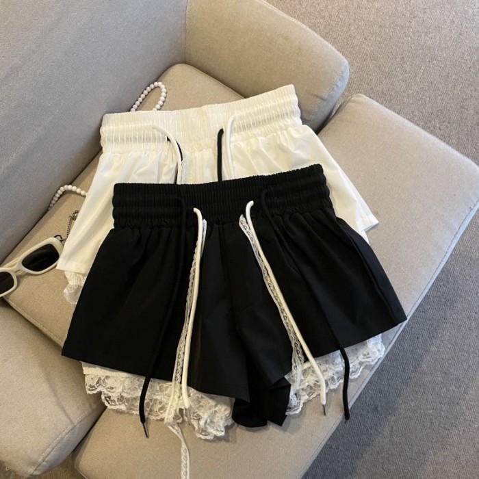 Dây rút lưng thun quần ống rộng cho nữ mùa hè ren khâu cao cấp chữ A quần short và quần âu