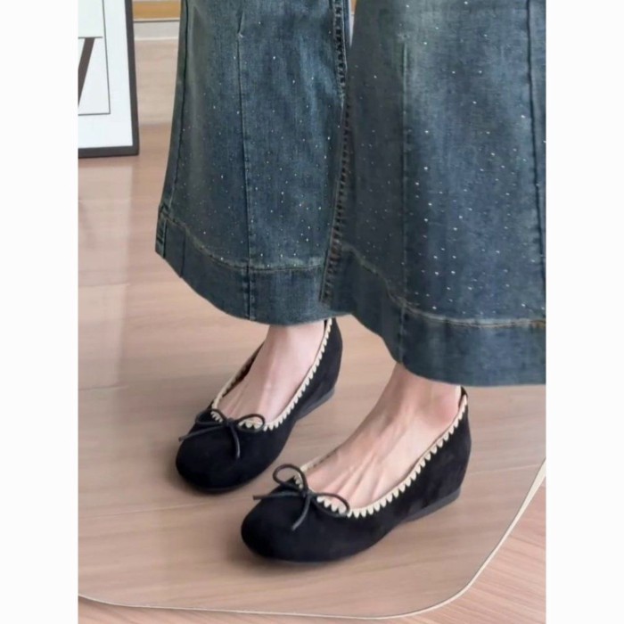 Giày đơn tăng chiều cao vô hình phong cách Pháp 5cm một chân nông miệng dành cho nữ giày len mũ len