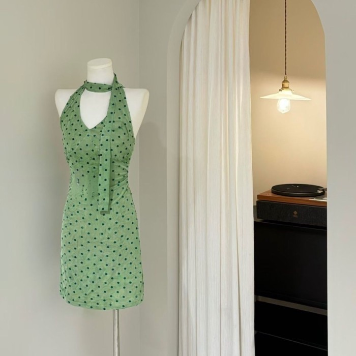 French Retro Green Polka Dot V-neck Halterneck Ribbon Dress Waist Slimming Holiday Skirt Wais