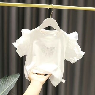 Bé Gái Lưới Nhỏ Bay Tay Bé Gái Tay Phồng Mùa Hè Bé Gái Đính Hạt Cườm Nơ Nguyên Chất Áo Thun Cotton