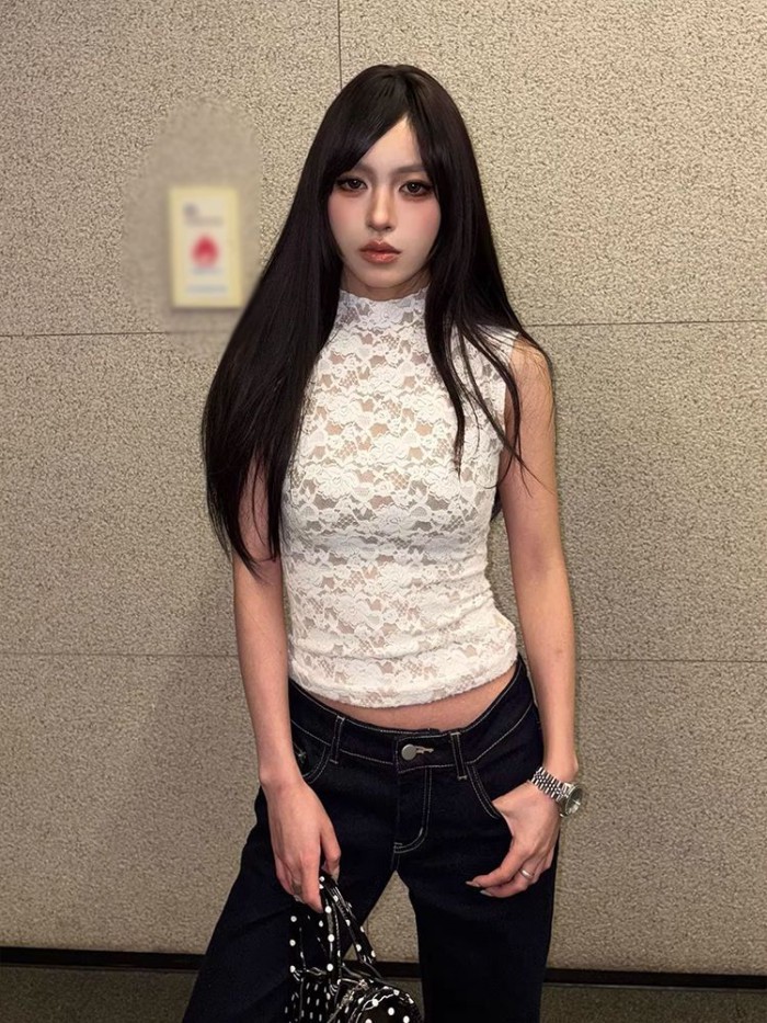 Hot girl Mỹ phong cách ren không tay nửa áo thun cao cổ dành cho nữ màu trắng giảm béo thiết