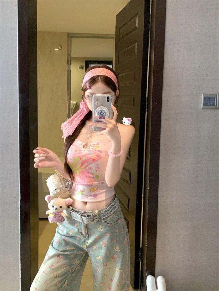 Dopamine Dressing Girl Hot Girl Đính Cườm Yếm Mặc Màu Hồng Ngọt Ngào Kỳ Nghỉ Ống Áo Ngực Halt
