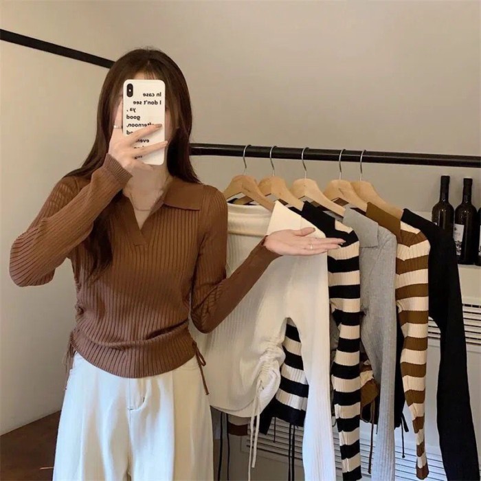 dây rút dệt kim dáng ôm nữ niche mùa thu Pháp sọc cổ POLO dài tay đáy áo sơ mi