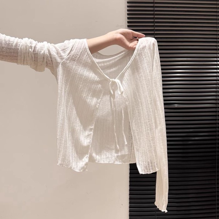 White Thin Hollow Lace Sunscreen Knitted Cardigan For Women Summer New Style Loose Short Oute