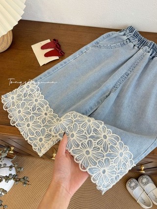 Nữ Mùa Hè Quần Jean Mỏng Trẻ Em Phối Ren Rời Quần Cắt Trẻ Em Ống Rộng Đa Năng Quần Ống Suông