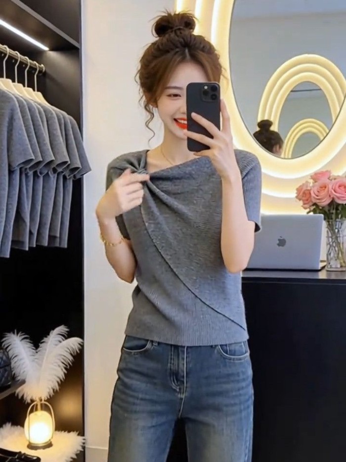 Áo thun dệt kim tay ngắn dáng rộng sang trọng thời trang mùa hè dành cho nữ