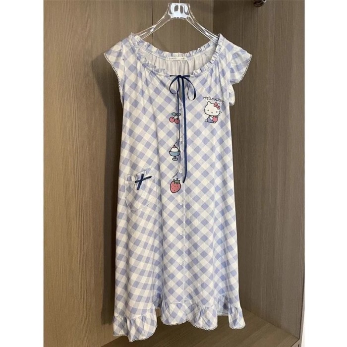in họa tiết váy ngủ kẻ sọc đám mây cotton ngọt ngào bong bóng Pháp cotton HelloKitty nữ mùa h