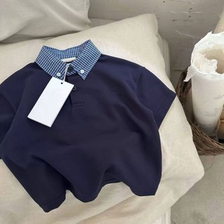 Áo sơ mi POLO ngắn tay nam nữ Thiết kế cổ sọc Áo thun mỏng tay lỡ trẻ em