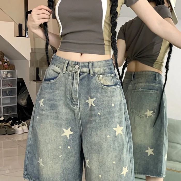 Quần short denim hình ngôi sao đau khổ theo phong cách retro Mỹ 5 điểm đường phố dành cho nữ Quầ