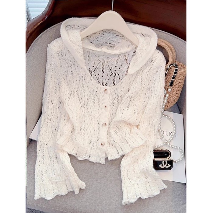Mới ngắn phong cách có mũ trùm đầu mùa hè dài tay chống nắng mỏng rỗng dệt kim áo cardigan dệ
