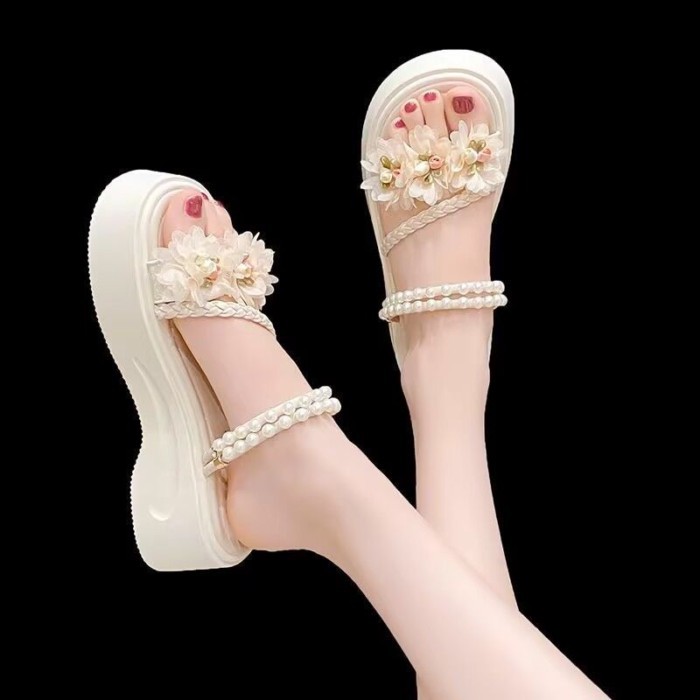 Giày sandal hai đế đế dày họa tiết hoa và váy ngọc trai cổ tích dành cho nữ