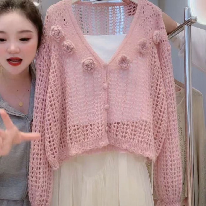 Áo cardigan dệt kim chống nắng dài tay bằng sáp mềm cổ tích hoa ba chiều rỗng cho nữ