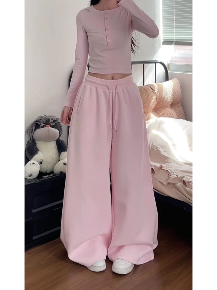 quần ống rộng lưng cao màu hồng ngọt ngào dành cho nữ có dây rút thả quần thể thao quần ống rộng