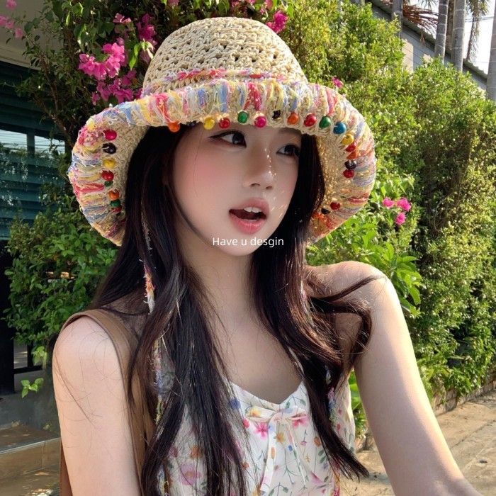 Mũ rơm dệt nhiều màu sắc nữ với vành lớn chống nắng, phù hợp đi biển và kỳ nghỉ