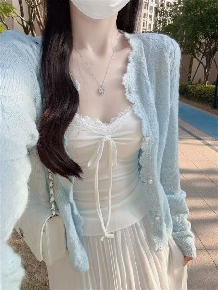Màu trắng tinh khiết xoắn ngọc trai khóa handmade móc rỗng dệt kim cardigan cổ tròn áo len áo