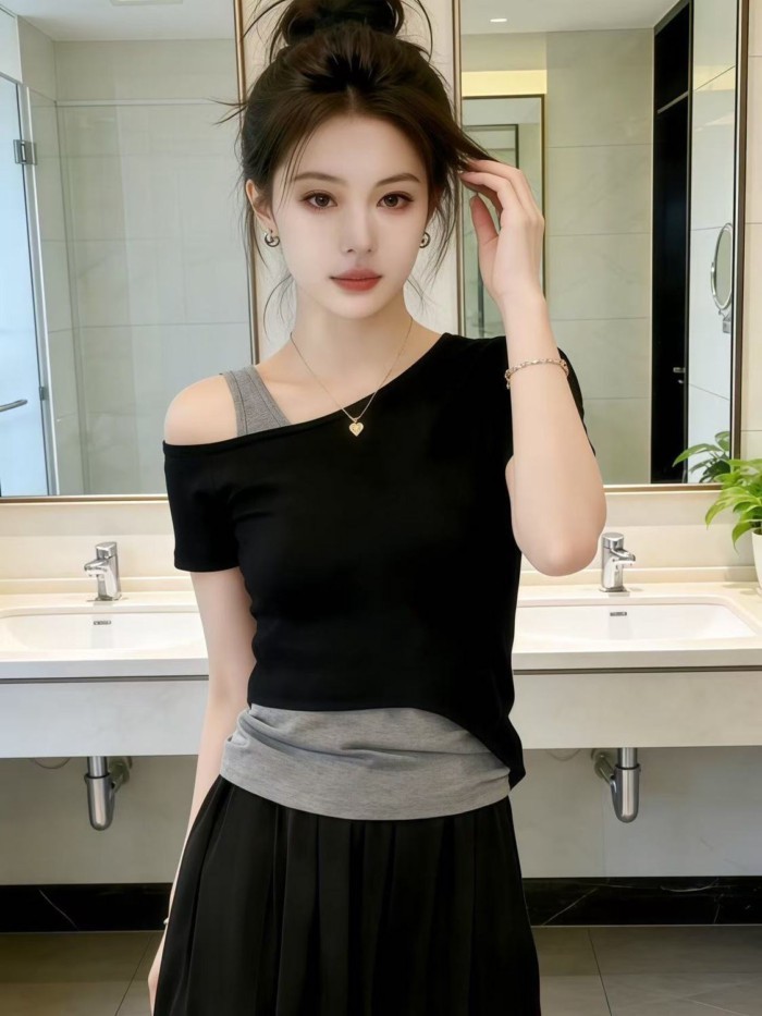 Đồ mùa hè, áo phông ngắn tay giả hai dây cho nữ, áo trễ vai được ưa chuộng hiện nay
