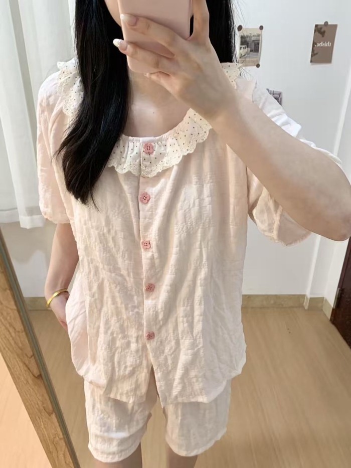 Bộ đồ ngủ ren hồng nhạt cho nữ có đệm ngực, cổ tròn, tay ngắn, bộ đồ mặc nhà nữ tính ngọt ngà