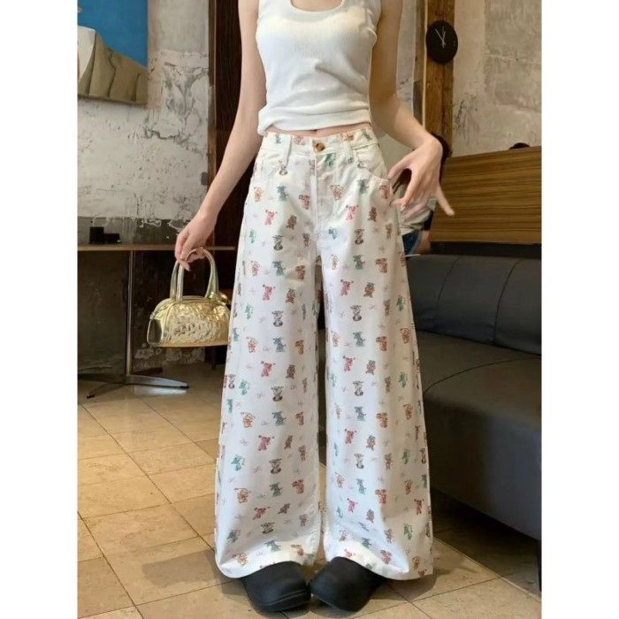 Retro Dạo Phố Cao Cấp Nhật Bản Gấu Hoạt Hình In Quần Jean Nữ Mùa Hè Cao Cấp Rời Giảm Béo Quần Ống R