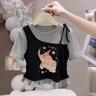 Áo thun ngắn tay giả hai mảnh cổ tròn phong cách Hàn Quốc dành cho bé gái Áo phông có đáy vừa và lớ