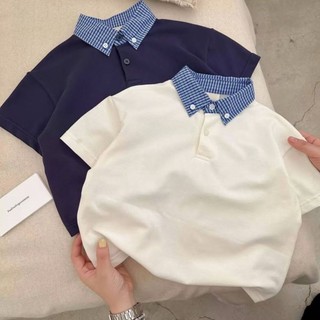 Áo sơ mi POLO ngắn tay nam nữ Thiết kế cổ sọc Áo thun mỏng tay lỡ trẻ em