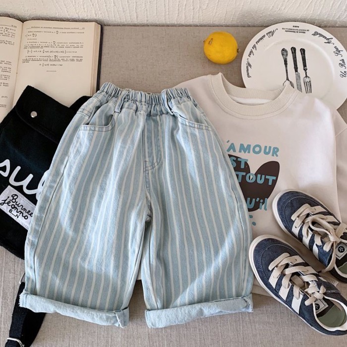Quần Jean Trẻ Em Hàn Quốc Cotton Mềm Retro Sọc Bé Trai Bé Gái Quần Thẳng Thời Trang
