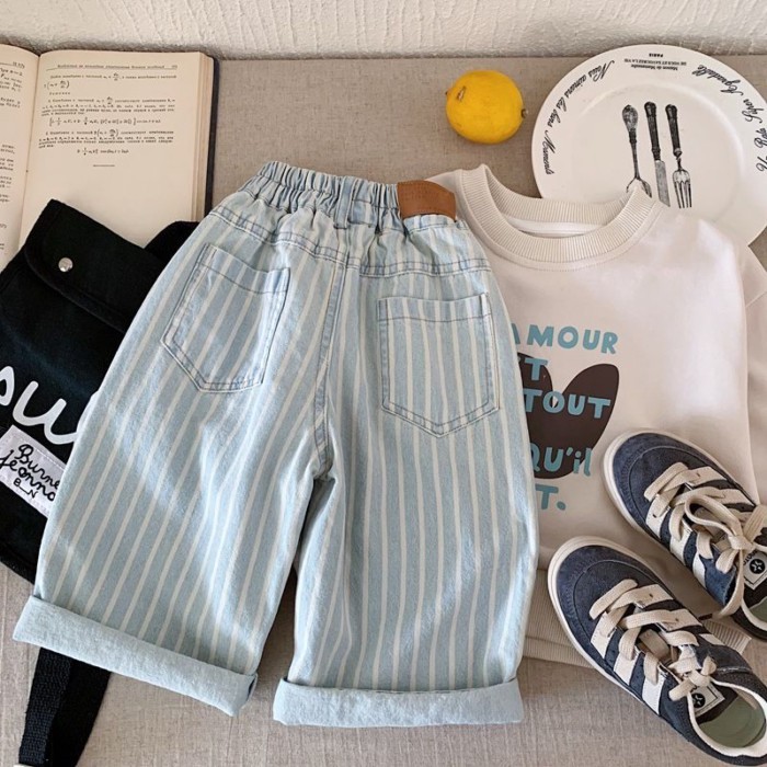 Quần Jean Trẻ Em Hàn Quốc Cotton Mềm Retro Sọc Bé Trai Bé Gái Quần Thẳng Thời Trang