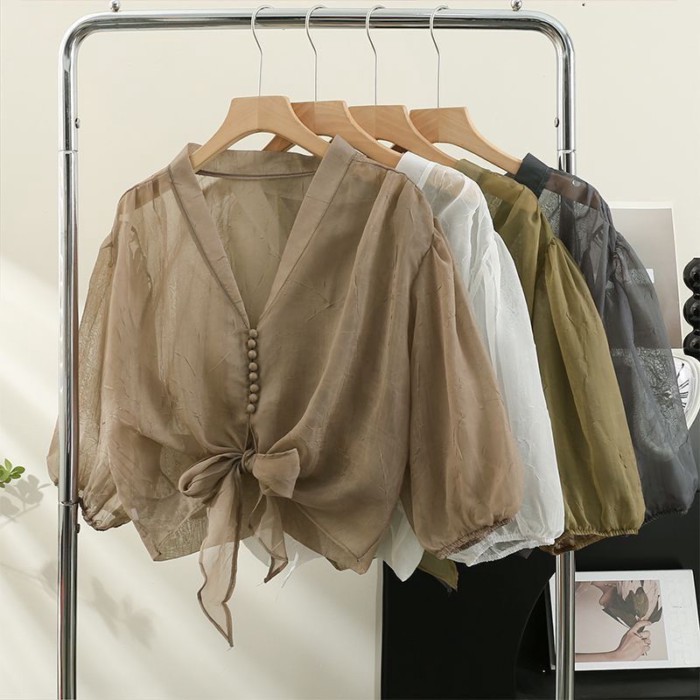 Thiết Kế Thời Trang Mới Niche Áo Sơ Mi Tay Phồng Nữ Pháp Mỏng Buộc Dây Chống Nắng Voan Top