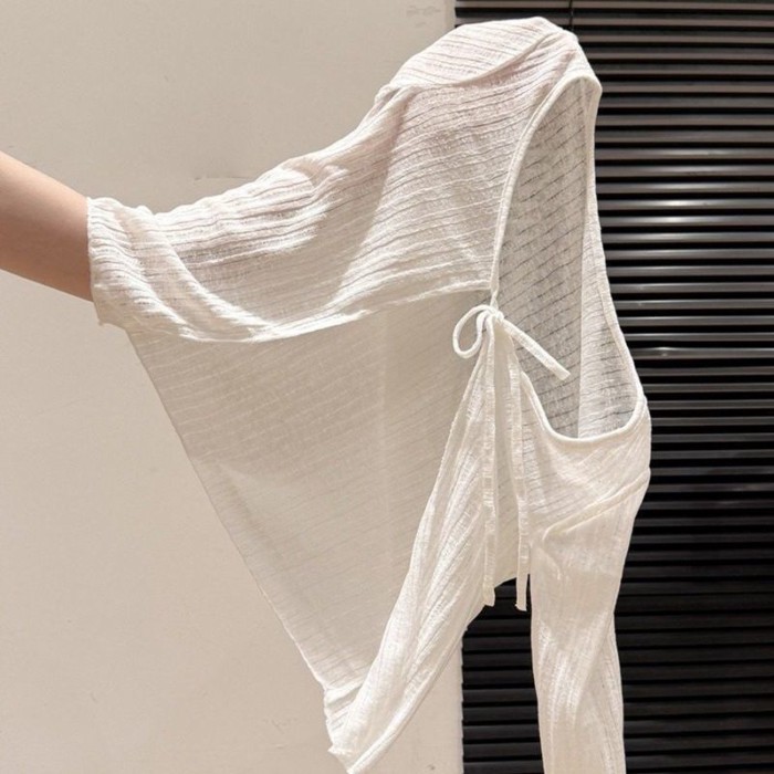 dây ngoài mỏng hơi xuyên thấu màu trắng chống nắng áo khoác cardigan nữ áo thun dài tay hàng