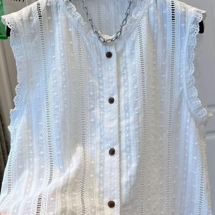 Áo Sơ Mi Nữ Mùa Hè Mới Tính Khí Pháp Plus Size Nữ Rỗng Áo Sơ Mi Ren Áo Không Tay Đa Năng