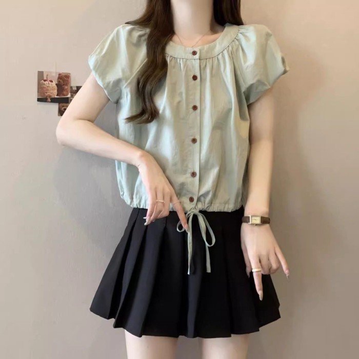 Áo Sơ Mi Tay Phồng Ngọt Ngào Hàn Quốc Cho Nữ Mùa Hè Áo Sơ Mi Ngắn Tay Dây Kéo Nhỏ Tươi Ngắn Màu