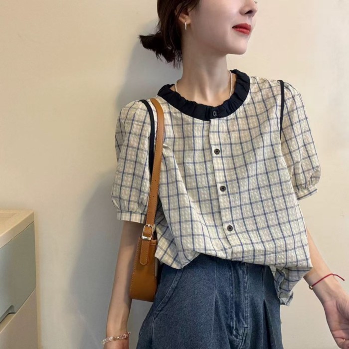 Áo sơ mi ngắn tay cổ phồng thời trang mùa hè mới dành cho nữ kiểu dáng tay phồng kẻ sọc tương ph