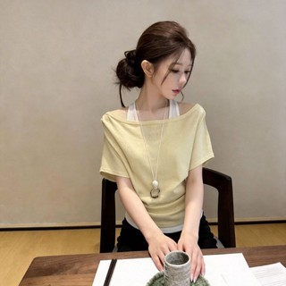 mùa xuân hè mới phong cách Hàn Quốc vai xéo ngắn tay sọc kiểu phương Tây áo thun đa năng khí chấ